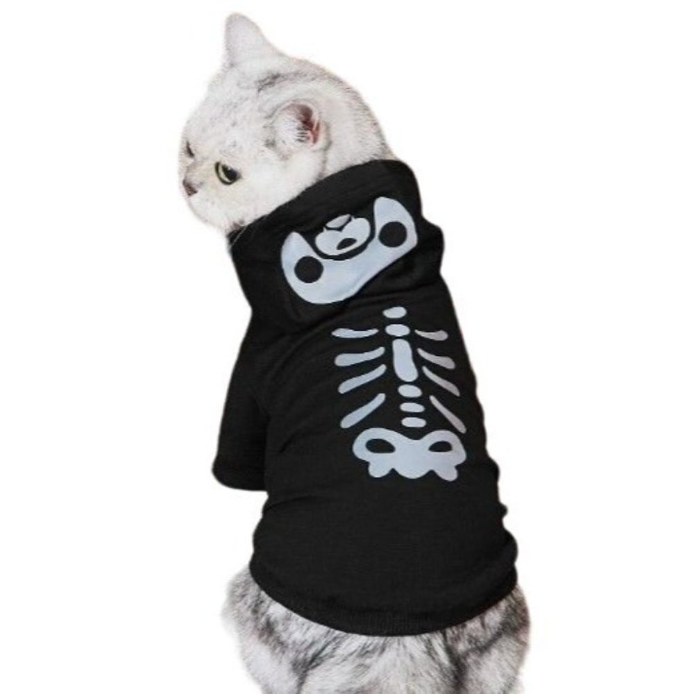 Pet Coat M or L Skeleton Hoodie Reflective Black Skull